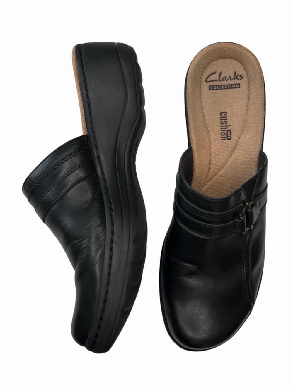 Clarks Leather Mules Hayla Marina Slip On Soft Cushion Clogs Black US 9.5